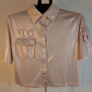 MuyMuy Metallic Shimmering Pink Crop Button-Up Shirt